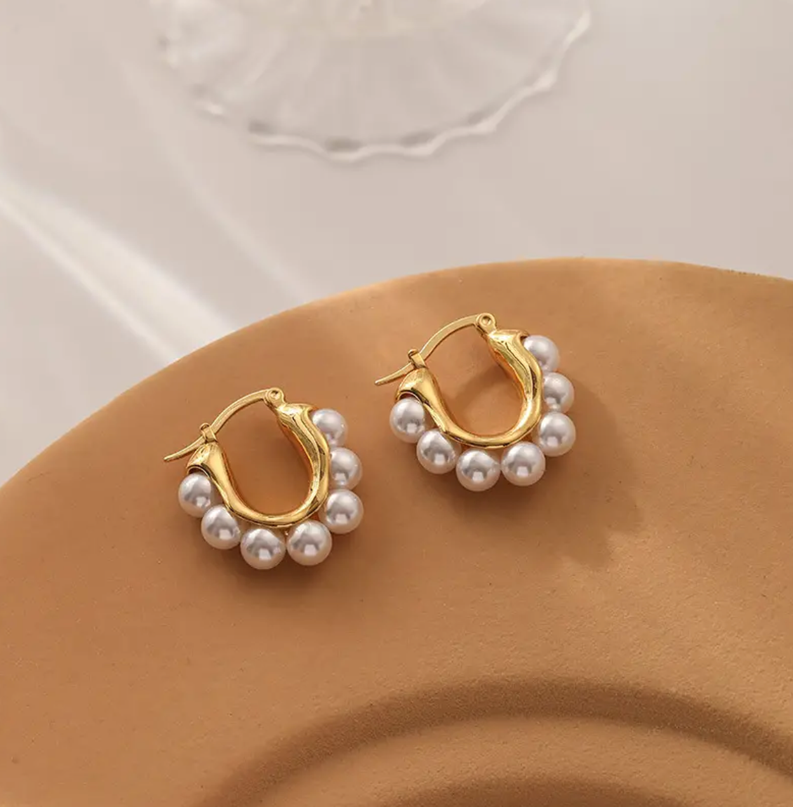 Faux Pearls Golden Hoop Earrings
