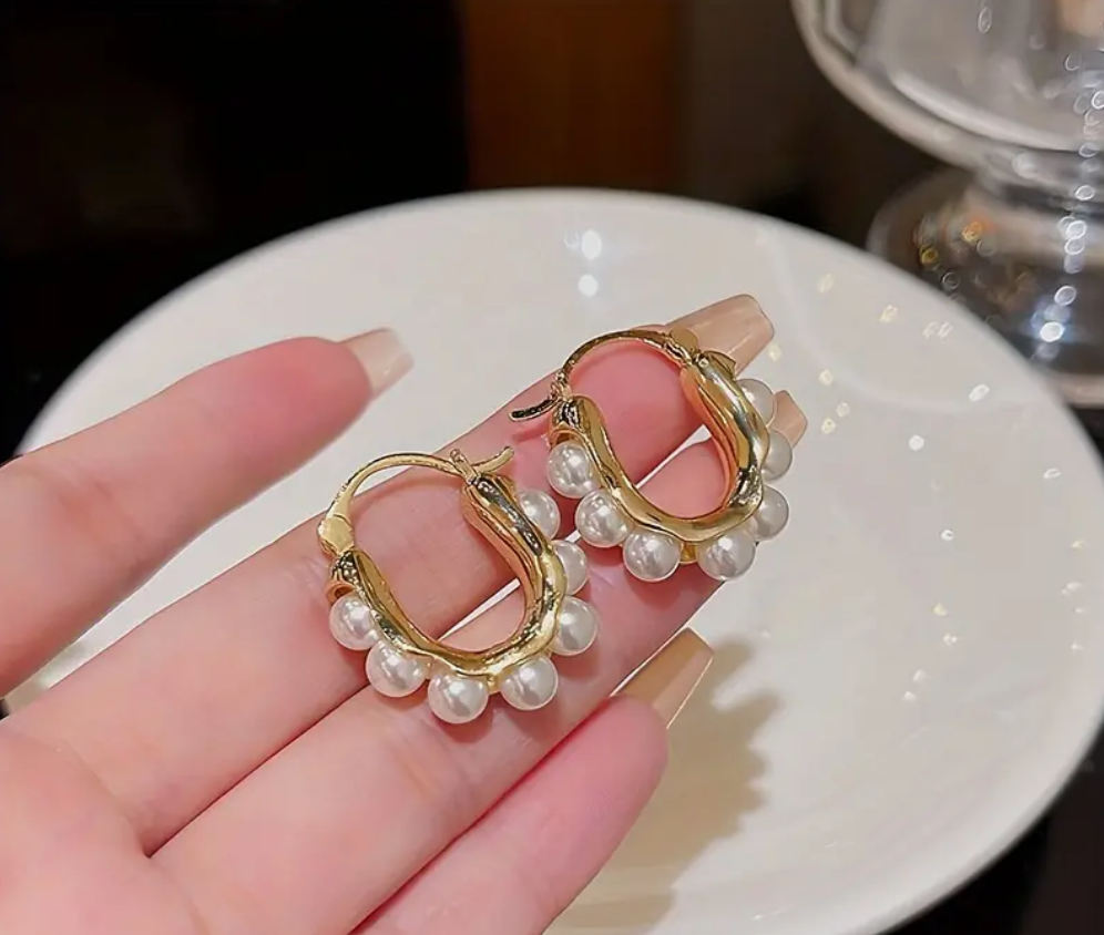 Faux Pearls Golden Hoop Earrings
