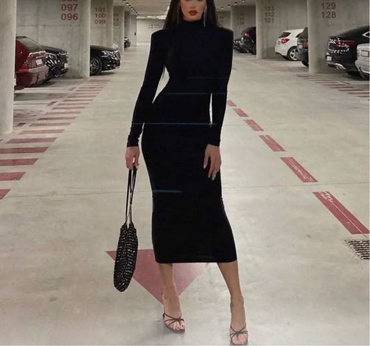 Black Mockneck Shoulder Pads Long Sleeve Dress